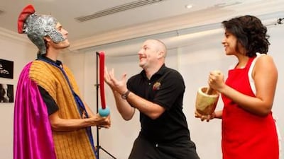 Kemsley Dickinson, centre, coaches Tim Paul and Christine Azazedo in acting techniques at Drama Workshop Dubai.