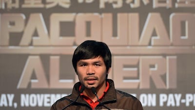Manny Pacquiao shown during a press conference in Shanghai on Monday to promote his November fight with Chris Algieri. Dale de la Rey / AFP / August 25, 2014