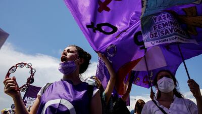 Feminist activists protest against Turkey's withdrawal from the Istanbul Convention. Reuters