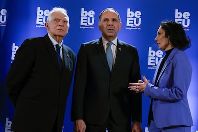 EU foreign ministers including the bloc's top diplomat Josep Borrell, left, were holding talks on the Middle East in Brussels on Saturday. AP