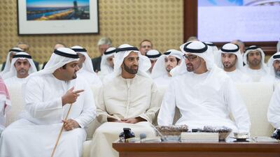 Sheikh Mohammed bin Zayed, Crown Prince of Abu Dhabi and Deputy Supreme Commander of the Armed Forces, right, Sheikh Mohammed bin Saud bin Saqr Al Qasimi, Crown Prince and Deputy Ruler of Ras Al Khaimah, centre, and Sheikh Mohammed bin Hamad Al Sharqi, Crown Prince of Fujairah, left, at the panel discussion. Mohamed Al Suwaidi / Crown Prince Court - Abu Dhabi