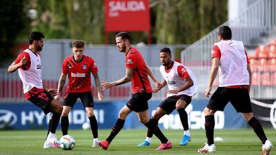 Atletico Madrid players during their team's training session at the club's sport complex in Majadahonda, near Madrid.
