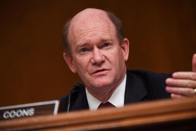 Senator Chris Coons asks questions during an oversight hearing on Capitol Hill in Washington, DC. June 16, 2020. Reuters