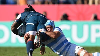 US hooker Joseph Taufete'e (L) is tackled by Argentina's flanker Juan Manuel Leguizamon during the Japan 2019 Rugby World Cup Pool C match between Argentina and the United States at the Kumagaya Rugby Stadium in Kumagaya. AFP