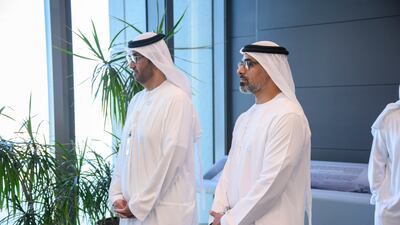 Sheikh Khaled and Dr Al Jaber. Photo: Hamad Al Kaabi / UAE Presidential Court