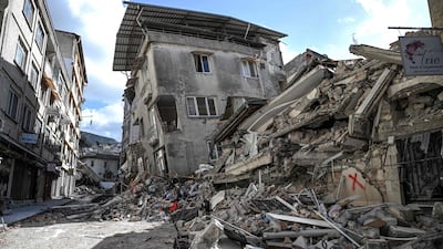 Collapsed buildings in Hatay on Monday, a month after a massive earthquake struck south-eastern Turkey. AFP
