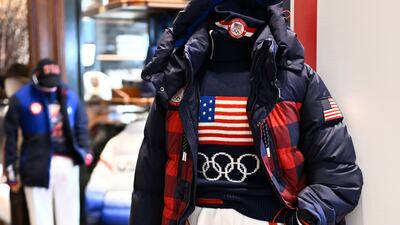 A Team USA Beijing Winter Olympics closing ceremony uniform designed by Ralph Lauren in New York. Invision / AP
