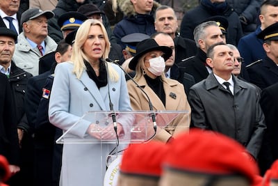 President of Republika Srpska Zeljka Cvijanovic delivers a speech during a parade marking the "Day of Republic Srpska", in Banja Luka, on January 9, 2022. AFP