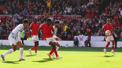 Nottingham Forest's Taiwo Awoniyi scores the winner on Saturday. Reuters