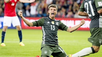 Germany's Thomas Muller celebrates after scoring his side's third goal of the game against Norway during their World Cup Group C qualifier in Oslo, Sunday, September 4, 2016. Jon Olav Nesvold / AP Photo