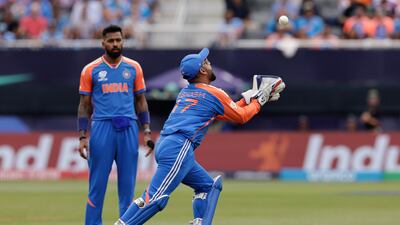 India wicket-keeper Rishabh Pant takes a catch to dismiss United States' Corey Anderson for 15.