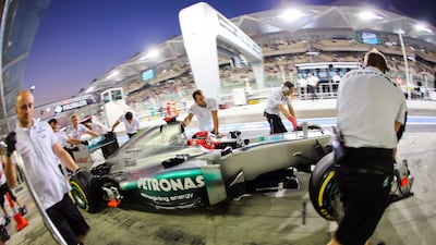 Michael Schumacher's Mercedes in the Pit Lane during second practice for the Abu Dhabi Grand Prix. Srdjan Suki/EPA