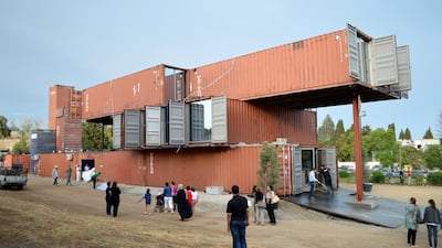 The exhibition All the World’s a Mosque consists of artworks installed inside 22 shipping containers assembled to look like a mosque. Courtesy Jaou Tunis / Boris Innovation Consulting