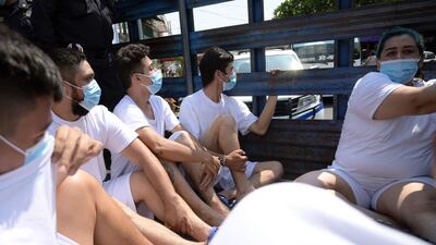 People detained over alleged gang links are escorted to the San Salvador penal centre. AFP