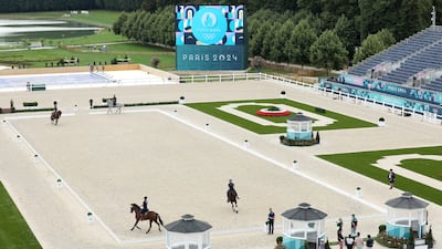 Riders and horses from Team Ireland practise dressage during an equestrian eventing training session at Chateau de Versailles. Getty Images