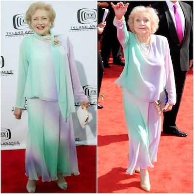Betty White wasn't afraid to repeat red carpet looks, seen here in 2004 and 2010. Getty Images