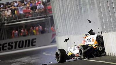 Nelson Piquet Jr crashes into a wall during the Singapore Grand Prix last year.