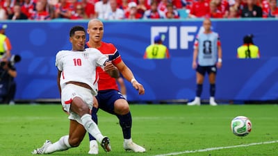 Jude Bellingham scores England's second goal in the first-half of extra-time. Reuters