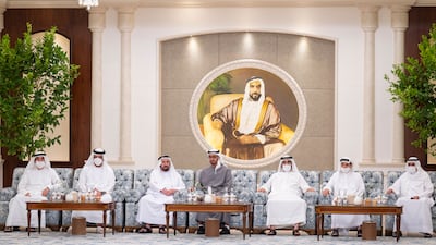 Sheikh Mohamed bin Zayed receives condolences from the UAE leaders; Sheikh Mohammed bin Rashid, Vice President and Ruler of Dubai, Sheikh Dr Sultan bin Muhammad Al Qasimi, Ruler of Sharjah, Sheikh Hamad bin Mohammed Al Sharqi, Ruler of Fujairah, Sheikh Humaid bin Rashid Al Nuaimi, Ruler of Ajman, Sheikh Saud bin Saqr Al Qasimi, Ruler of Ras Al Khaimah and Sheikh Saud bin Rashid Al Mualla, Ruler of Umm Al Quwain, following the death of Sheikh Khalifa. All photos: MOPA