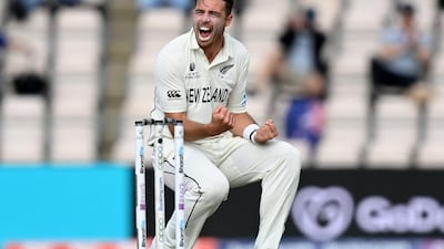 New Zealand bowler Tim Southee celebrates taking the wicket of India opener Shubman Gill for eight. AFP
