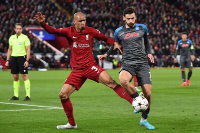 Liverpool's Fabinho in action in the Champions League Group A game against Napoli at Anfield. EPA