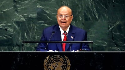 Yemen's President Abed Rabbo Mansour Hadi addresses the 73rd session of the United Nations General Assembly. AP