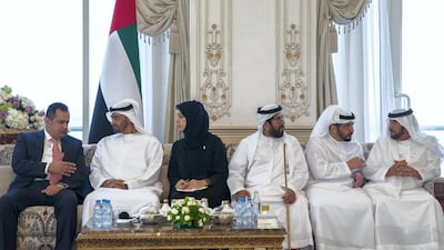Sheikh Mohamed bin Zayed meets with Dr Abdulmalik during a Sea Palace barza. Seen with, from right, Sheikh Mohamed bin Butti Al Hamed; Sheikh Hamdan bin Zayed, Ruler’s Representative in Al Dhafra Region; Sheikh Tahnoon bin Mohamed, Ruler's Representative in Al Ain Region; and Reem Ibrahim Al Hashimi.