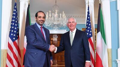 US secretary of state Rex Tillerson, right, with Kuwaiti minister of state for cabinet affairs Sheikh Mohammad Abdullah Al Sabah, whose country has taken on the role of mediator. EPA
