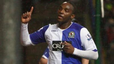 The Blackburn goalscorer Benni McCarthy celebrates his injury-time equaliser against Middlesbrough.