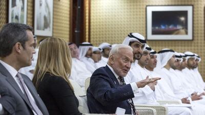 Dr Buzz Aldrin tells of his space travels and dreams for the future at Al Bateen Palace Majlis. Donald Weber / Crown Prince Court – Abu Dhabi