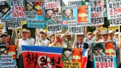 Protestors participate in a rally against North Korea in Seoul, South Korea.