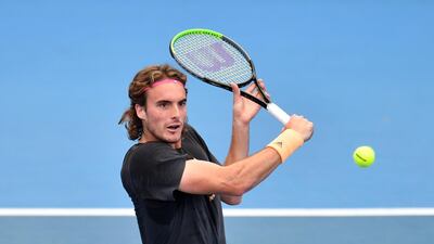 Stefanos Tsitsipas practices ahead of the ATP Cup at Pat Rafter Arena in Brisbane. EPA