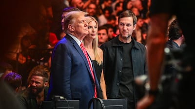 Former US President Donald Trump, left, his daughter Ivanka Trump and her husband Jared Kushner attend UFC 299 at the Kaseya Center in Miami, Florida on March 9, 2024. AFP