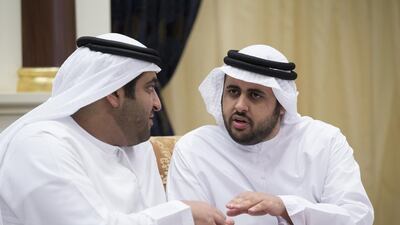Sheikh Diab bin Mohammed bin Zayed, right, speaks with Sheikh Mohammed bin Hamdan bin Zayed, left. Donald Weber / Crown Prince Court - Abu Dhabi