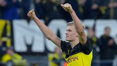 Haaland celebrates after the whistle. AFP