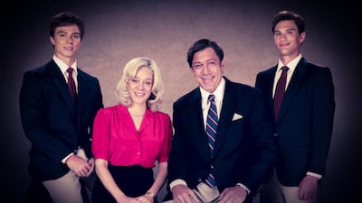 From left to right: Nicholas Chavez as Lyle Menendez, Chloe Sevigny as Kitty Menendez, Javier Bardem as Jose Menendez and Cooper Koch as Erik Menendez in Monsters: The Lyle And Erik Menendez Story. Photo: Netflix