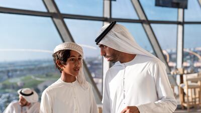Sheikh Mubarak bin Nahyan Al Nahyan, right, with Sheikh Nahyan bin Diab Al Nahyan at Yas Marina Circuit. Ryan Carter / Presidential Court