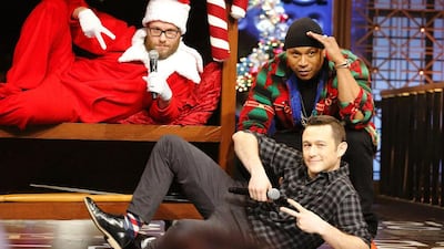 Comedy meets rap in Lip Sync Battle Holiday Special, featuring Seth Rogan, left, host LL Cool J, back right, and Joseph Gordon-Levitt. Courtesy of LL Cool J