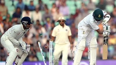 Imran Tahir came on to bat as night watchman but he became the second wicket to fall for South Africa in Nagpur. Indranil Mukherjee / AFP