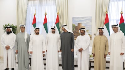 Members of the UAE leadership at the wedding reception. Abdulla Al Neyadi / UAE Presidential Court