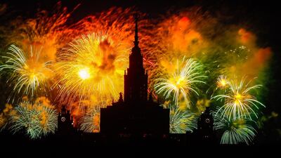 Fireworks illuminate the evening sky over Moscow's University building in the Russian capital. EPA
