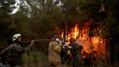 Firemen battle to extinguish a wildfire in Varybobi, Greece.