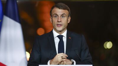 French President Emmanuel Macron delivers a speech on the 75th anniversary of the Universal Declaration of Human Rights in Paris. EPA