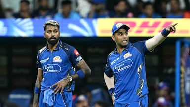 Mumbai Indians captain Hardik Pandya with teammate and national team skipper Suryakumar Yadav. AFP