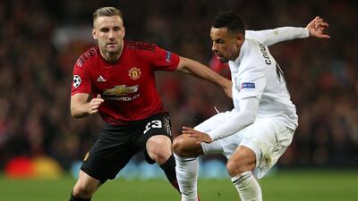 Manchester United's Luke Shaw in action against Valencia's Francis Coquelin. EPA