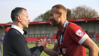 Lois Maynard of Salford City is congratulated by co-owner Ryan Giggs in 2018. Getty