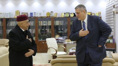 Libyan Parliament Speaker Aguila Saleh, left, meets UN Special Envoy for Libya Jan Kubis in Al Qubba on February 17, 2021. Media Office of the Libyan parliament via Reuters
