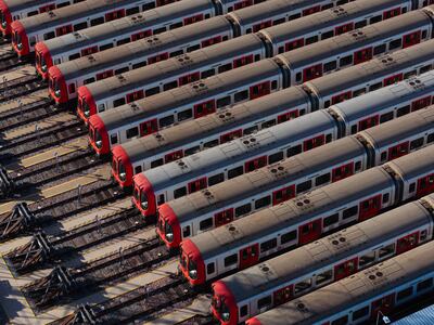 Tube trains are stacked at Upminster rail depot in Upminster, England as London Underground workers strike. Getty Images