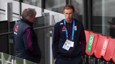 England captain Joe Root talks to head coach Chris Silverwood in Manchester. Getty