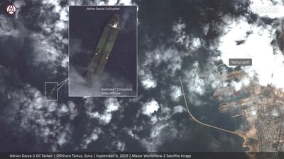 This satellite image provided by Maxar Technologies appears to show the Iranian oil tanker Adrian Darya-1 off the coast of Tartus, Syria. Maxar Technologies via AP